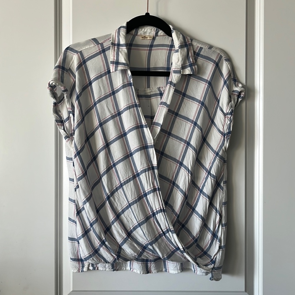 Surplice Draped Plaid Blouse
